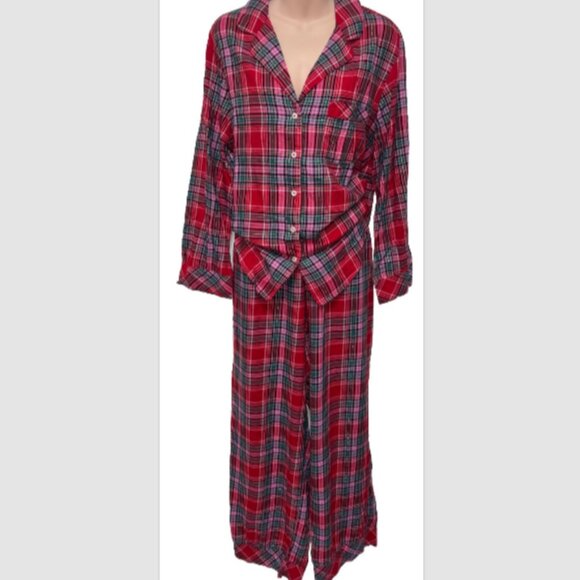 Victoria's Secret Red Pink Green Plaid Gold Thread Pajama SET Size M Lounge EUC - Picture 6 of 10
